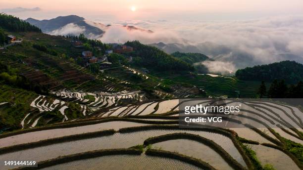 Aerial view of cloud-shrouded Ziquejie Terraced Fields after a rainfall on May 17, 2023 in Loudi, Hunan Province of China.