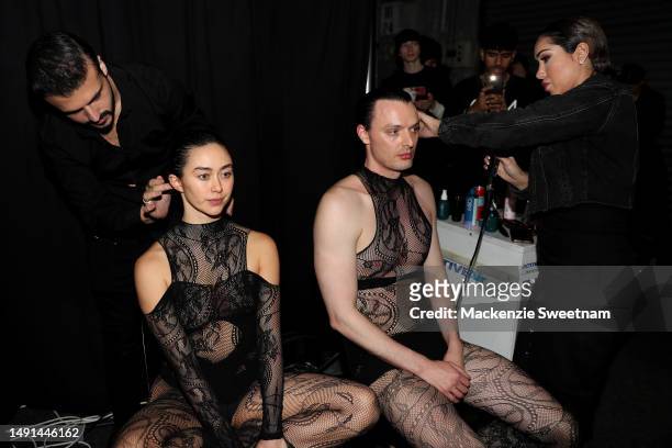 Model prepares backstage ahead of the Caroline Reznik show during Afterpay Australian Fashion Week 2023 at Carriageworks on May 19, 2023 in Sydney,...