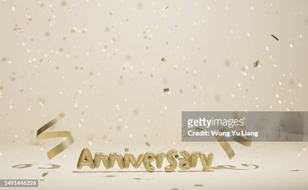 anniversary celebration with confetti and copy space, 3d render - congratulating stock pictures, royalty-free photos & images