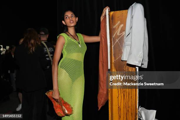 Model prepares backstage ahead of the We Wear Australian x Afterpay show during Afterpay Australian Fashion Week 2023 at Carriageworks on May 19,...