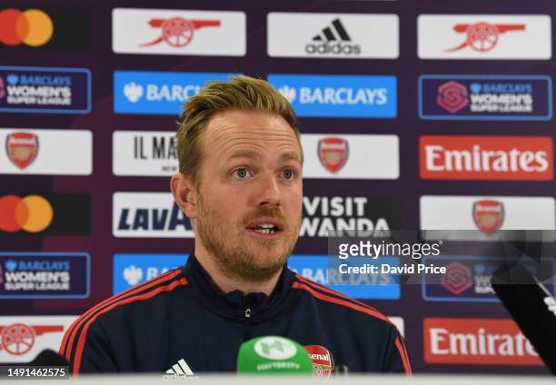 Jonas Eidevall the Arsenal Women's Head Coach during the Arsenal Women's Press Conference at London Colney on May 19, 2023 in St Albans, England.