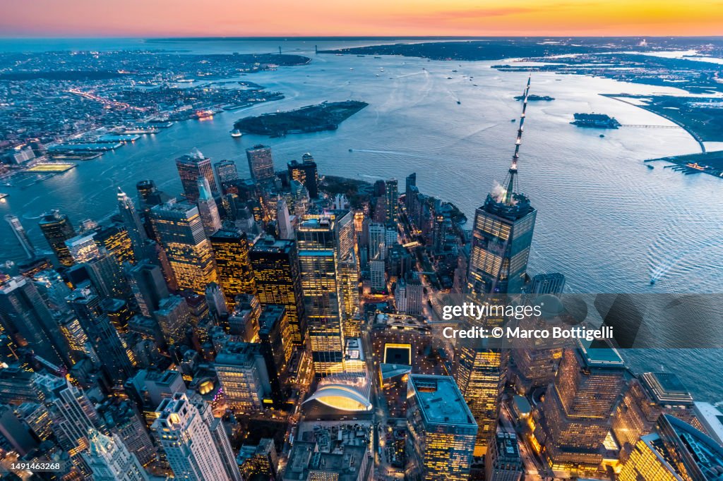 Aerial view of Lower Manhattan at dusk, New York City