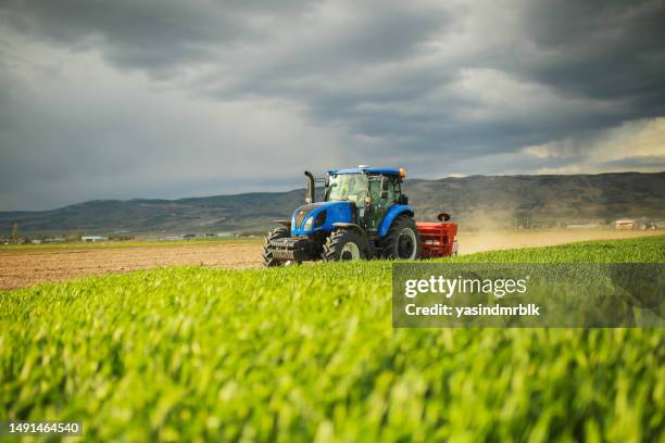 giovane agricoltore che pianta mais nel campo con trattore e seminatrice - trattore foto e immagini stock
