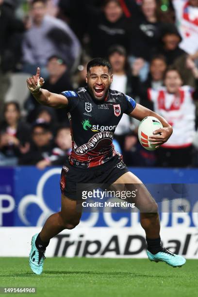 Mathew Feagai of the Dragons celebrates scoring the match winning try during the round 12 NRL match between St George Illawarra Dragons and Sydney...
