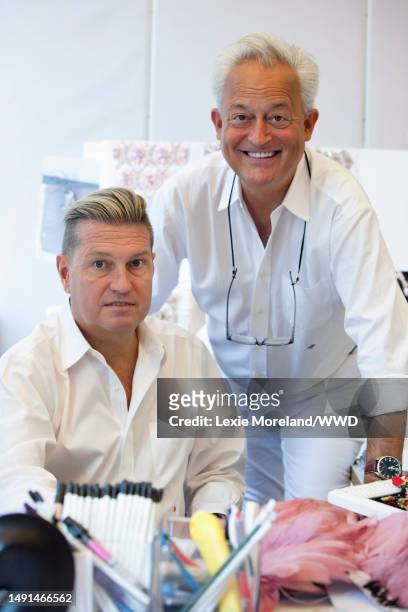 Portrait of James Mischka and Mark Badgley photographed by Lexie Moreland for WWD at Badgley Mischka's Studio on August 7, 2018.