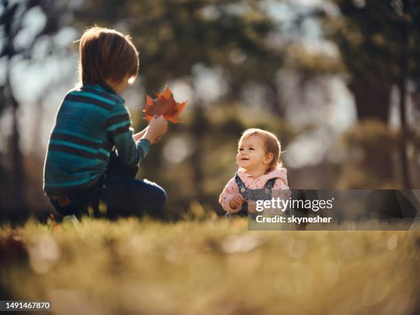 happy baby girl enjoying with her brother in autumn day. - babyhood stock pictures, royalty-free photos & images