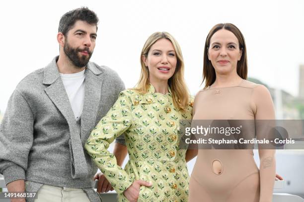 Pierre-Yves Cardinal, Magalie Lépine Blondeau and Director Monia Chokri attend the "Simple Comme Sylvain " photocall at the 76th annual Cannes film...