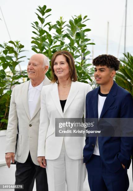 Frank Marshall, Producer Kathleen Kennedy and Ethann Isidore attend the "Indiana Jones And The Dial Of Destiny" photocall at the 76th annual Cannes...