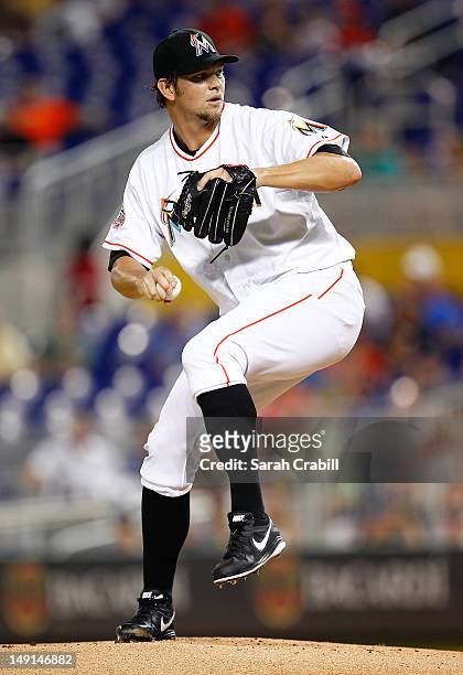 Josh Johnson of the Miami Marlins pitches during a game against the Atlanta Braves at Marlins Park on July 23, 2012 in Miami, Florida.