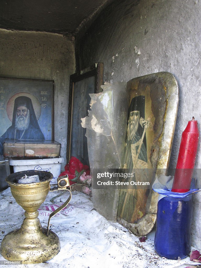 The inside of a Greek roadside shrine, Crete