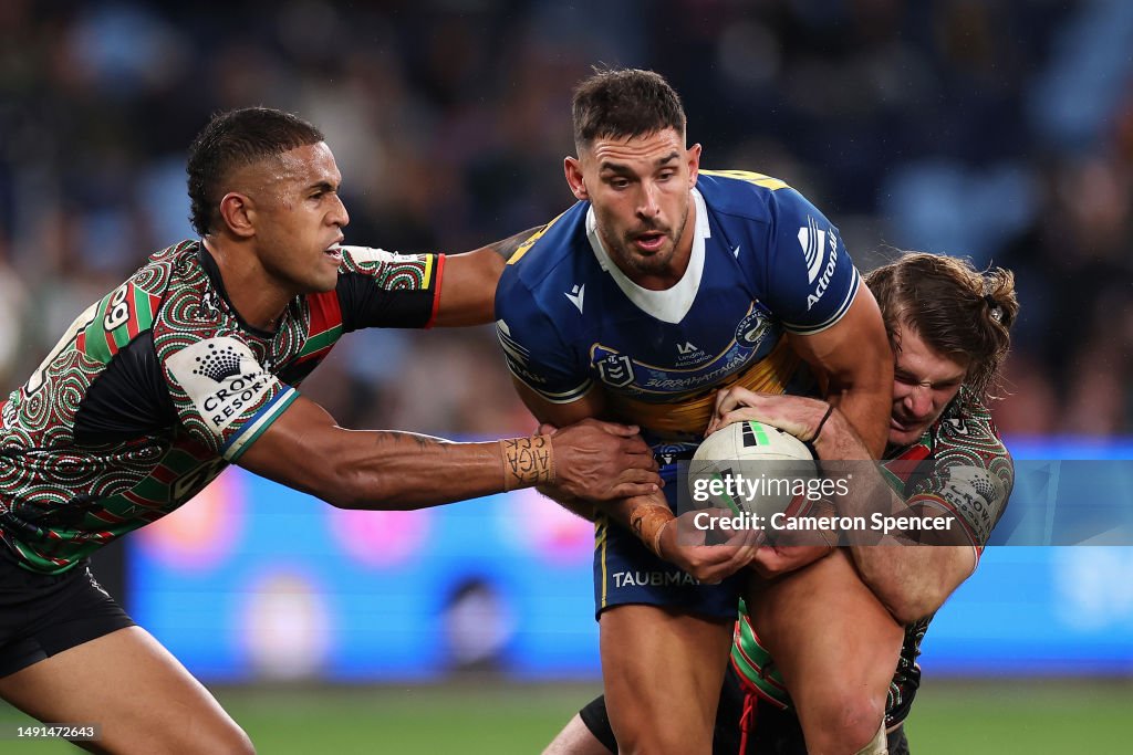 Ryan Matterson Rugby Ryan Matterson of the Eels is tackled during the round 12 NRL match ...