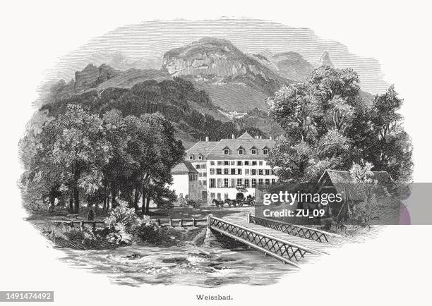 historical view of weissbad, appenzell innerrhoden, switzerland, woodcut, published 1877 - appenzell innerrhoden stock illustrations