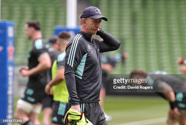 Leo Cullen, the Leinster head coach, looks on during the Leinster captain's run at Aviva Stadium on May 19, 2023 in Dublin, Ireland.