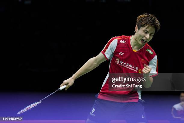 Shi Yuqi of China reacts in the Men's Singles Quarter Finals match against Anthony Sinisuka Ginting of Indonesia during day six of the Sudirman Cup...