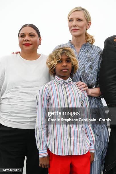 Deborah Mailman, Cate Blanchett and Aswan Reid attend "The New Boy" photocall at the 76th annual Cannes film festival at Palais des Festivals on May...