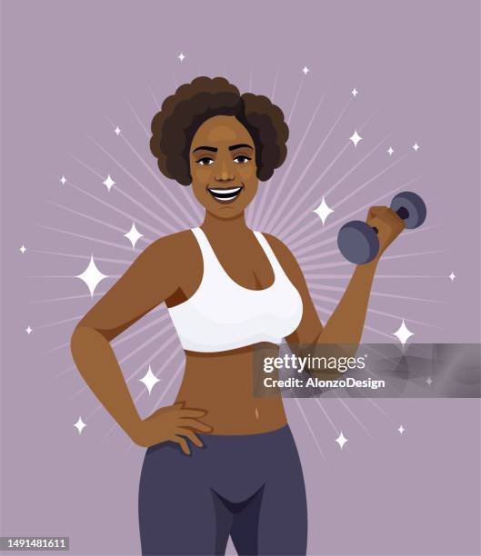 athletic african american woman doing sport exercises with dumbbell. - curly hair stock illustrations