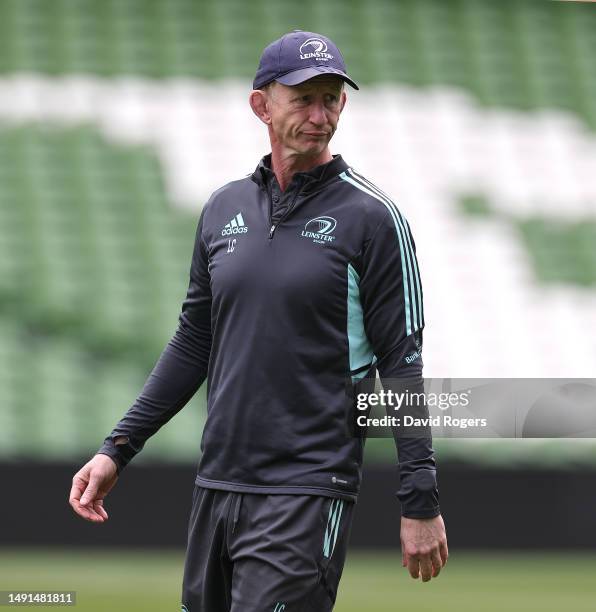 Leo Cullen, the Leinster head coach, looks on during the Leinster captain's run at Aviva Stadium on May 19, 2023 in Dublin, Ireland.