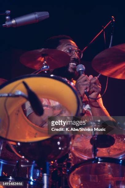 Billy Cobham takes mic on stage, Newport Jazz Festival at Carnegie Hall, New York City, United States, 3 July 1976