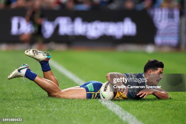 Dylan Brown of the Eels scores a try during the round 12 NRL match between South Sydney Rabbitohs and Parramatta Eels at Allianz Stadium on May 19,...