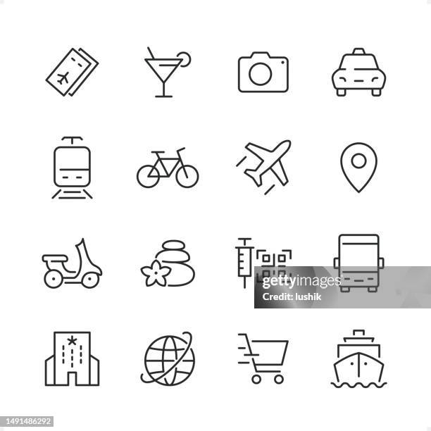 travel - pixel perfect line icon set, editable stroke weight. - classic car icon stock illustrations