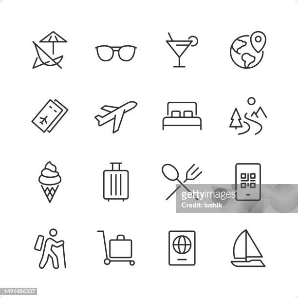 travel & vacation- pixel perfect line icon set, editable stroke weight. - deck chair stock illustrations