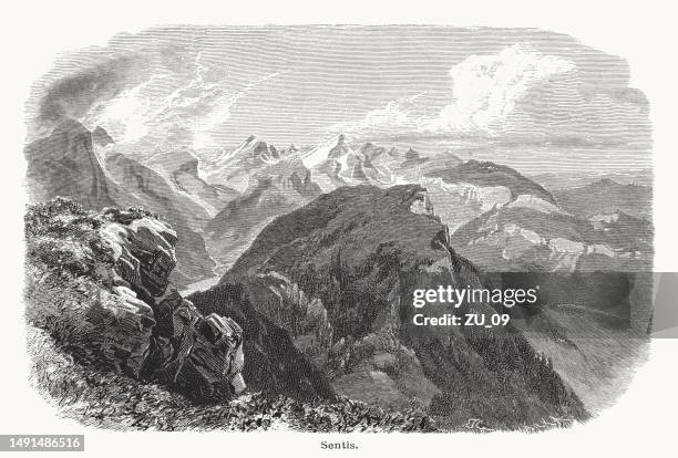 historical view of the säntis, switzerland, wood engraving, published 1877 - appenzell innerrhoden stock illustrations
