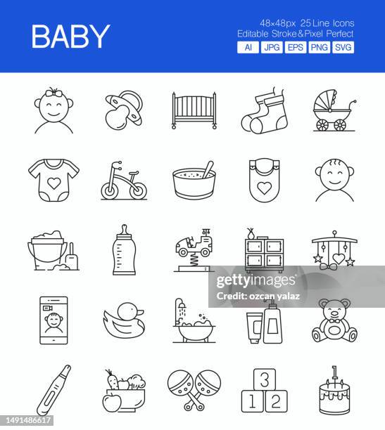 baby thin line vector icon set. the design is editable and the color can be changed. vector set of creativity icons: baby girls, crib, rubber duck, newborn, milk bottle. - baby bath stock illustrations