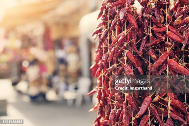 dried calabrian chili peppers hanging on street market - calabria 個照片及圖片檔