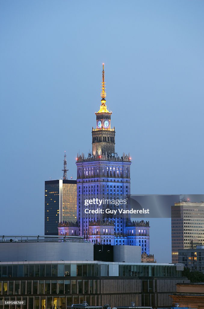 Palace of Culture and Science, Warsaw, at dusk