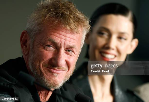 Sean Penn and Raquel Nave attend the "Black Flies" press conference at the 76th annual Cannes film festival at Palais des Festivals on May 19, 2023...