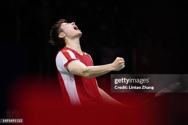 Shi Yuqi of China celebrates the victory in the Men's Singles Quarter Finals match against Anthony Sinisuka Ginting of Indonesia during day six of...