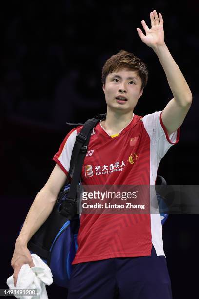 Shi Yuqi of China celebrates the victory in the Men's Singles Quarter Finals match against Anthony Sinisuka Ginting of Indonesia during day six of...