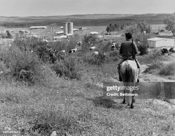 Mounted guard on patrol near Erez kibbutz, located just one kilometer north of the Gaza Strip in southwestern Israel, March 20th 1957. Paramilitary...