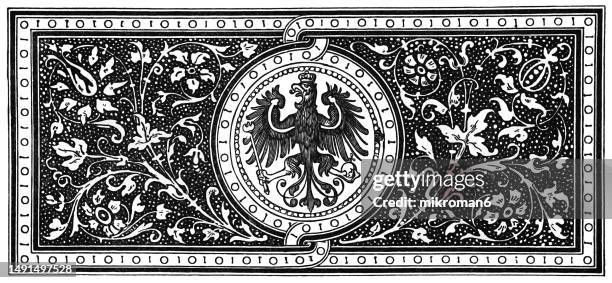 old engraved illustration of coat of arms of the kingdom of prussia - medieval background stock pictures, royalty-free photos & images