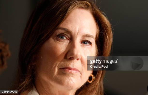 Producer Kathleen Kennedy attends the "Indiana Jones and the Dial of Destiny" press conference at the 76th annual Cannes film festival at Palais des...