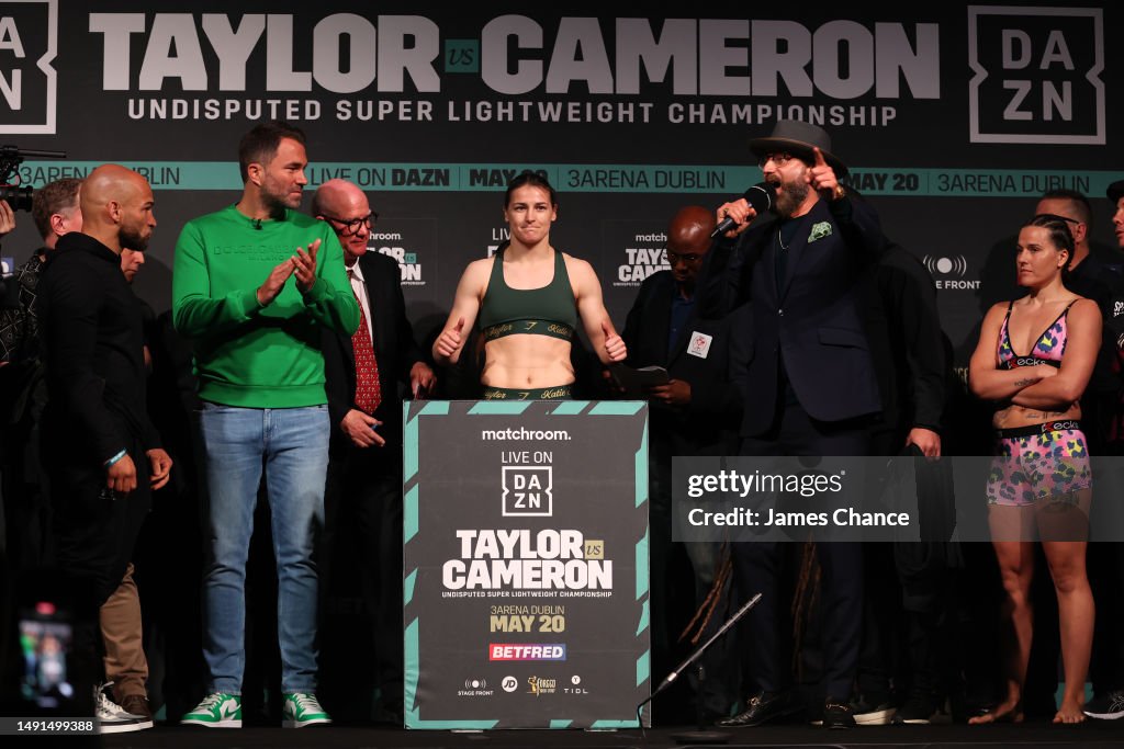 Katie Taylor of Ireland reacts during their weigh in at The 3Arena