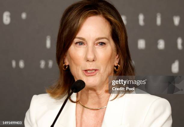 Producer Kathleen Kennedy attends the "Indiana Jones and the Dial of Destiny" press conference at the 76th annual Cannes film festival at Palais des...