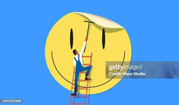 ilustraciones, imágenes clip art, dibujos animados e iconos de stock de hombre poniendo pegatina de sonrisa gigante en la ilustración vectorial de la pared - esperanza