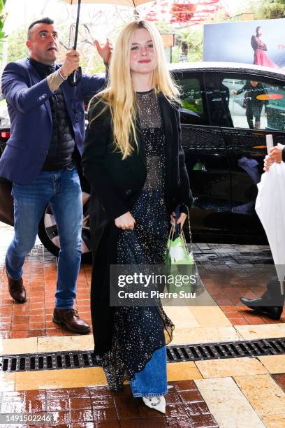 Elle Fanning is seen at "Le Majestic Hotel" during the 76th Cannes film festival on May 19, 2023 in Cannes, France.