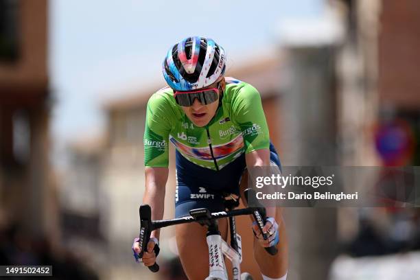 Chloe Dygert of The United States and Canyon-SRAM Racing Team - Green Points Jersey crosses the finish line on third place during the 8th Vuelta a...
