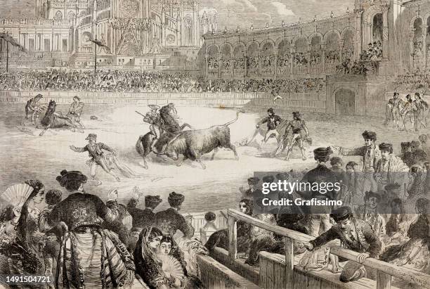 ilustrações, clipart, desenhos animados e ícones de tourada em arena tauromáquica sevilla espanha 1859 - 1850 1859