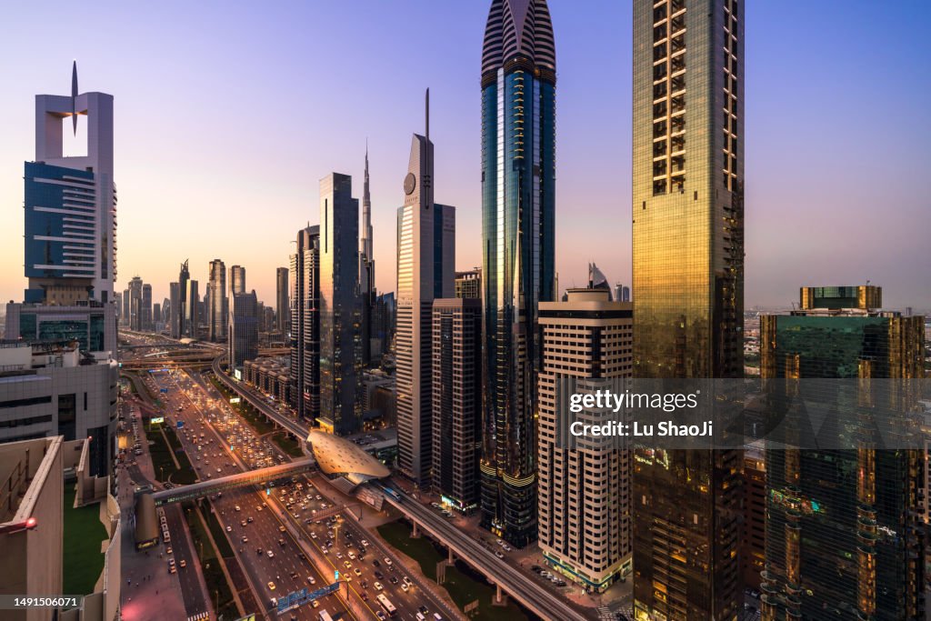 Aerial view of cityscape at sunset in Dubai UAE