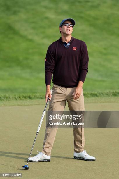 Adam Scott of Australia reacts to a missed birdie putt on the 12th green during the second round of the 2023 PGA Championship at Oak Hill Country...