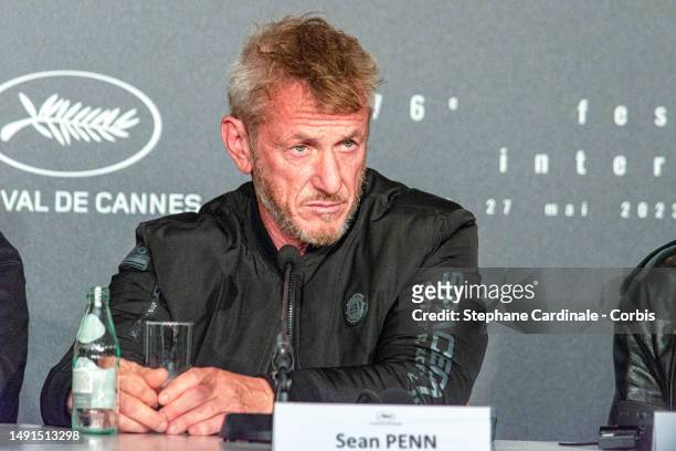 Sean Penn attends the "Black Flies" press conference at the 76th annual Cannes film festival at Palais des Festivals on May 19, 2023 in Cannes,...