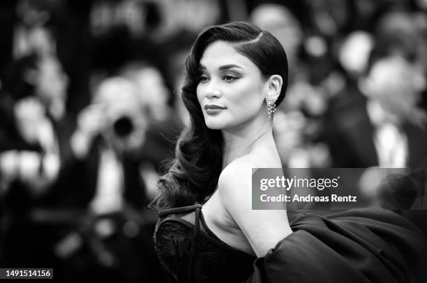 Pia Wurtzbach attends the "Indiana Jones And The Dial Of Destiny" red carpet during the 76th annual Cannes film festival at Palais des Festivals on...