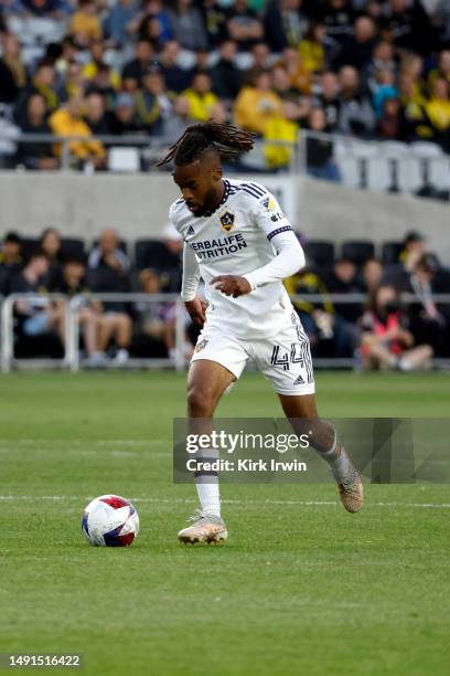 Raheem Edwards of the LA Galaxy controls the ball during the match against the Columbus Crew at Lower.com Field on May 17, 2023 in Columbus, Ohio.