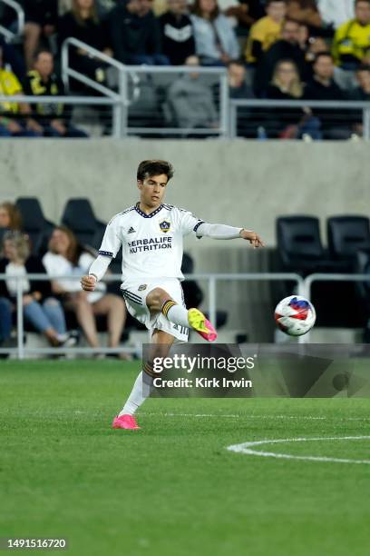 Riqui Puig of the LA Galaxy kicks the ball during the match against the Columbus Crew at Lower.com Field on May 17, 2023 in Columbus, Ohio. Columbus...