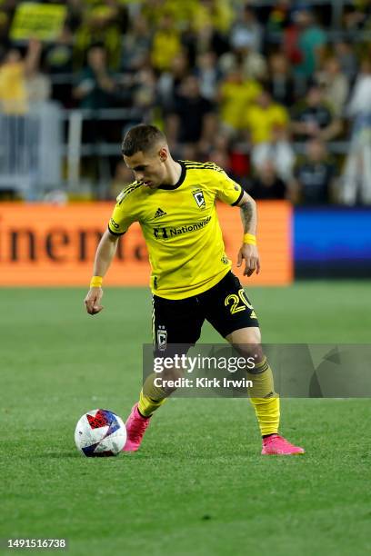 Alexandru Matan of the Columbus Crew controls the ball during the match against the LA Galaxy at Lower.com Field on May 17, 2023 in Columbus, Ohio....