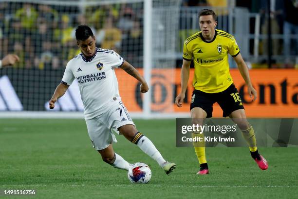 Efrain Álvarez of the LA Galaxy controls the ball during the match against the Columbus Crew at Lower.com Field on May 17, 2023 in Columbus, Ohio....