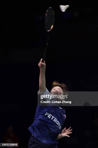 Goh Jin Wei of Malaysia competes in the Women's Singles Quarter Finals match against Mia Blichfeldt of Denmark during day six of the Sudirman Cup at...